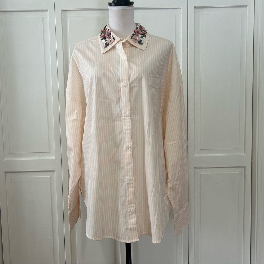 Express Blush Striped Embellished Collar Boyfriend Portofino Shirt. XL NWOT